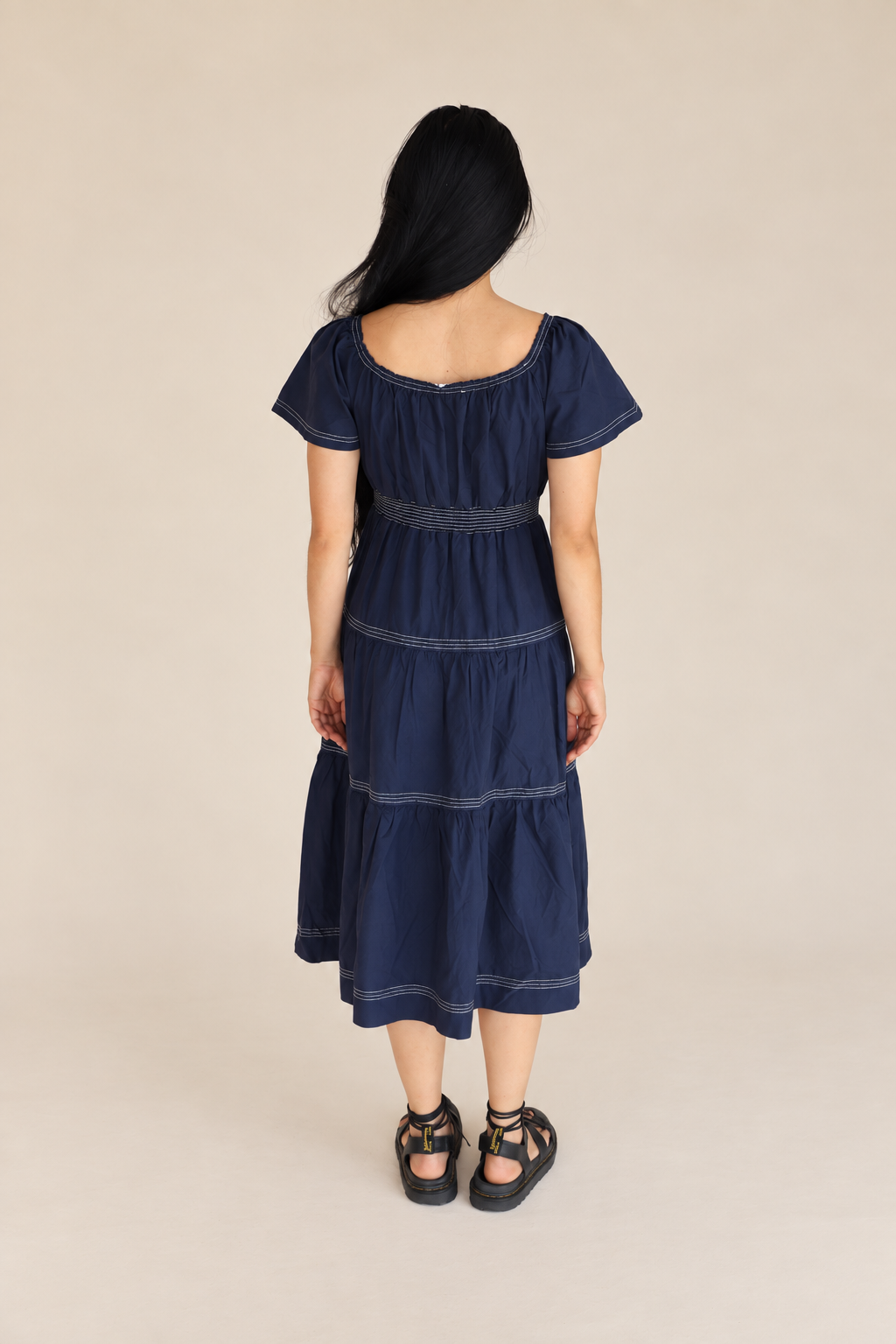 Smocked Waist Tiered Midi Dress in navy
