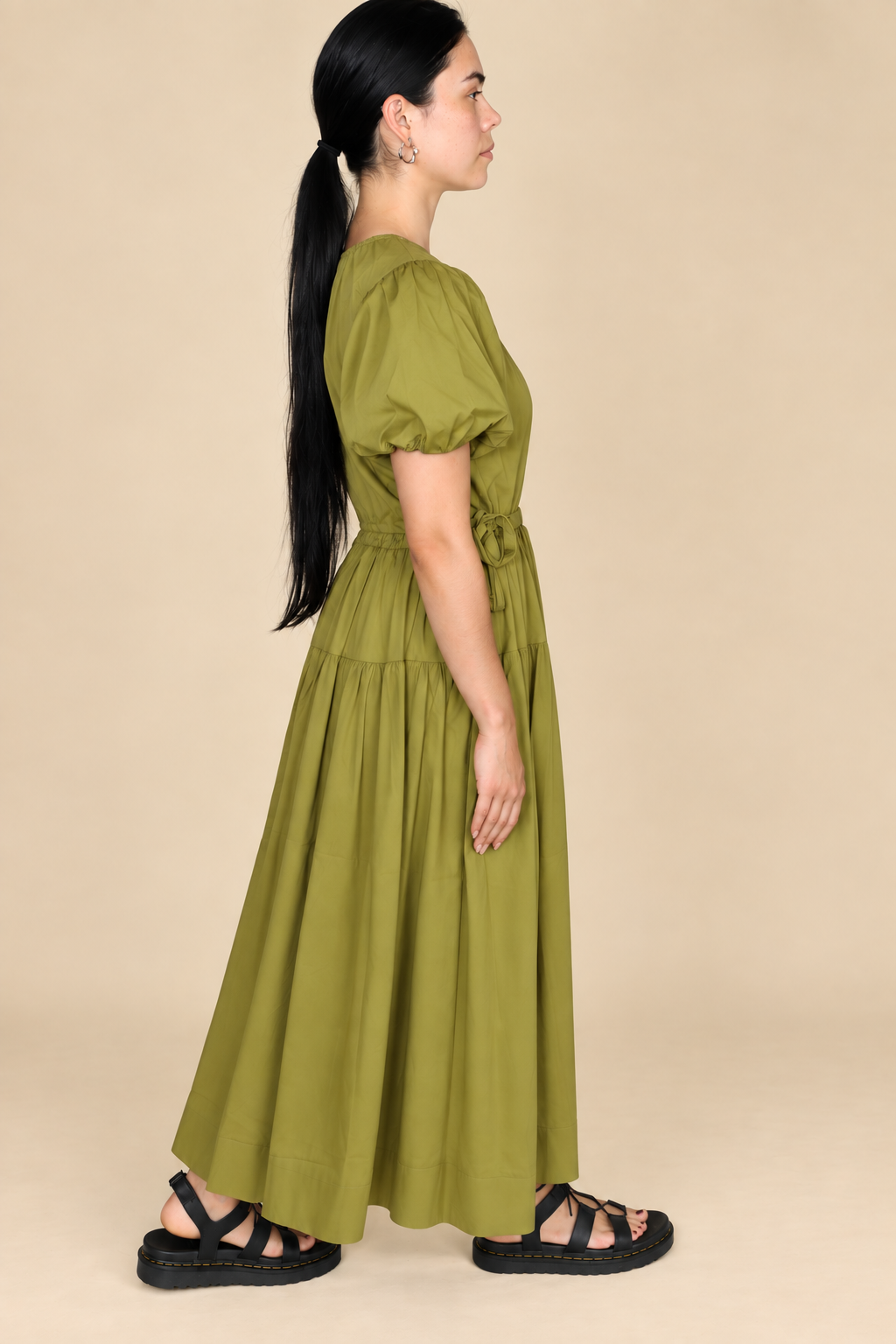 PUFF SLEEVE SIDE TIE MIDI DRESS in CITRON