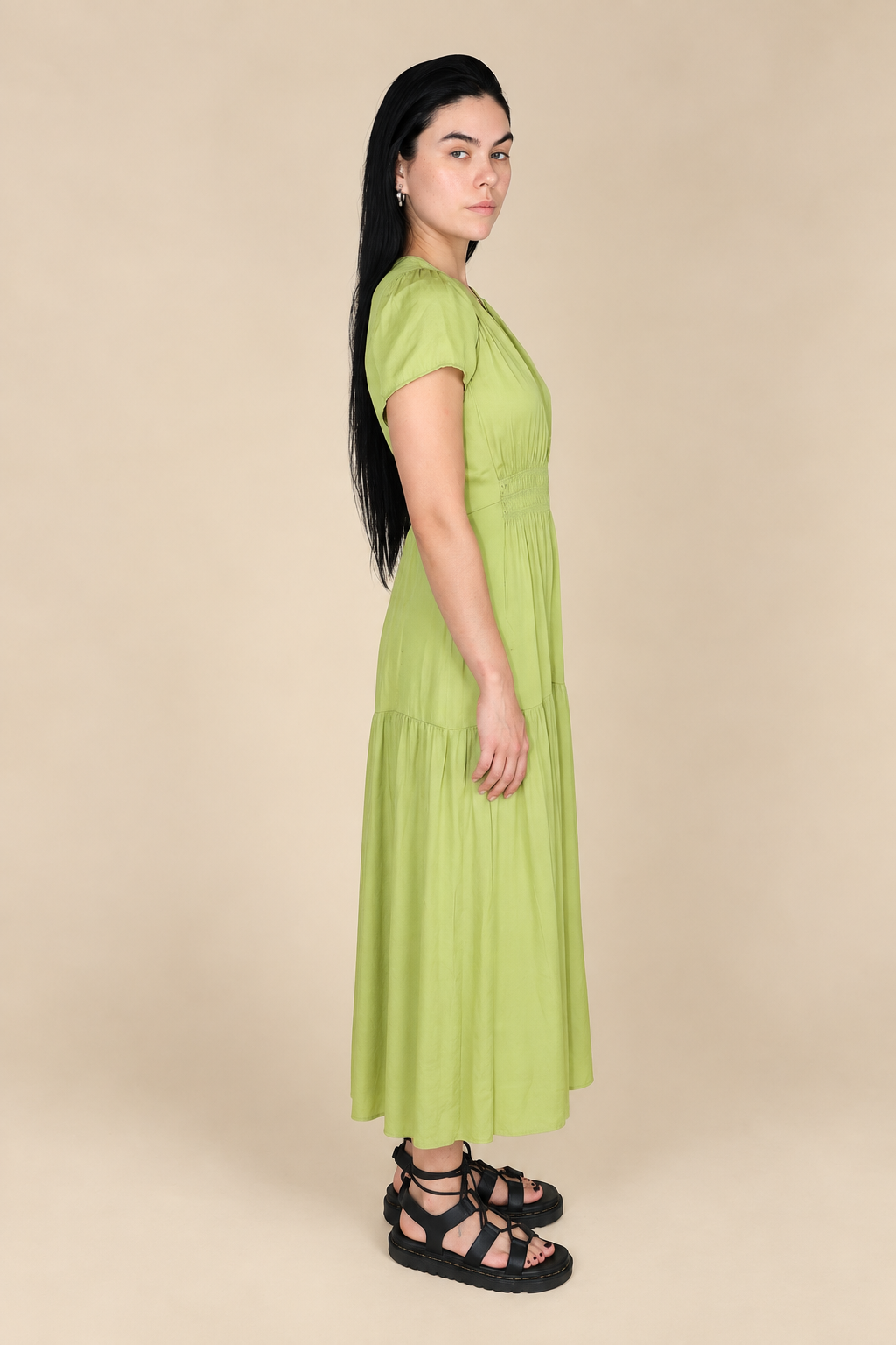 RUFFLE SATIN MIDI DRESS: GREEN MOSS