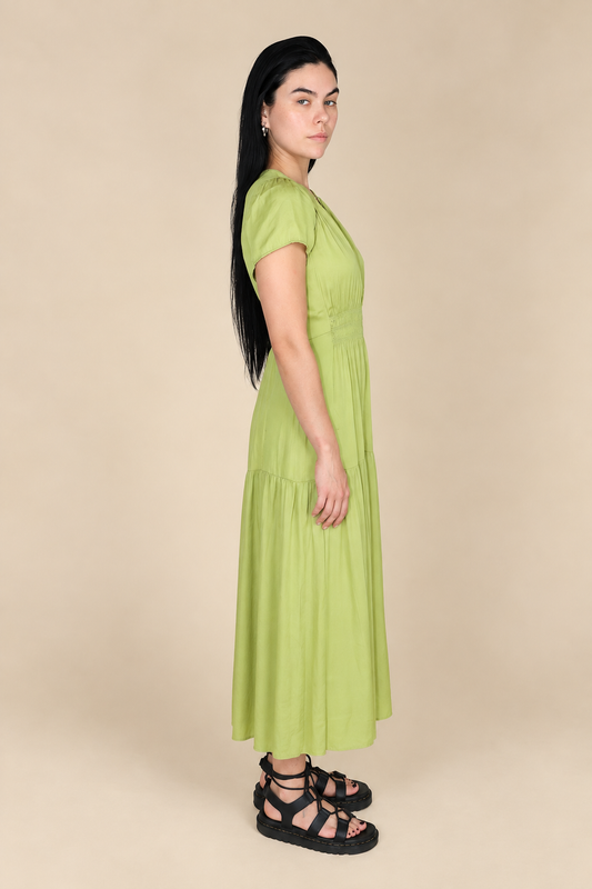 RUFFLE SATIN MIDI DRESS: GREEN MOSS