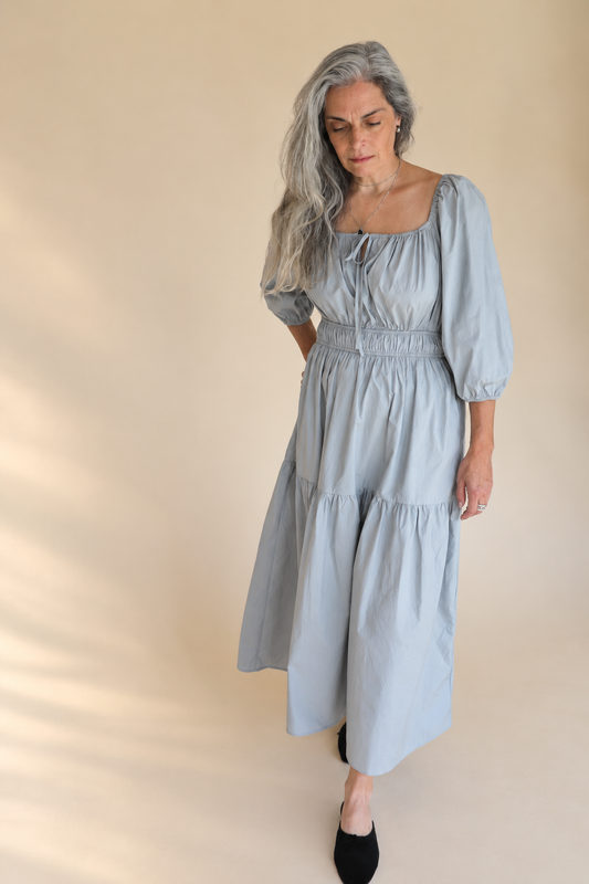SOLID COTTON MIDI DRESS: DUSTY BLUE  MEDIUM