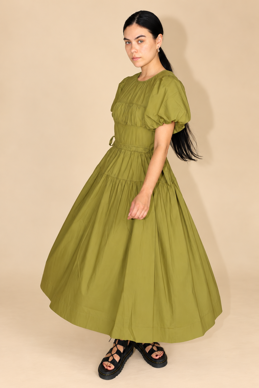 PUFF SLEEVE SIDE TIE MIDI DRESS in CITRON