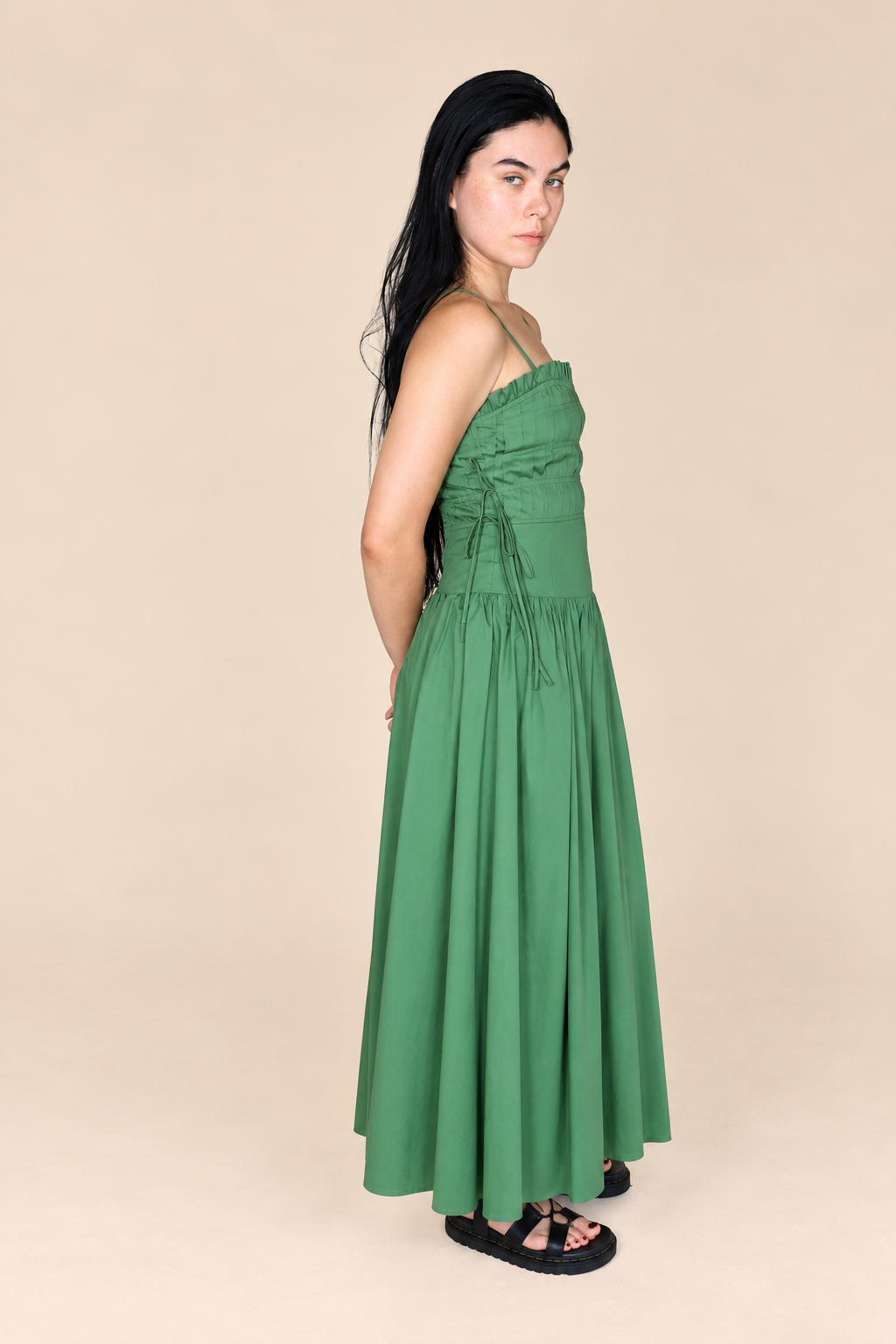 PLEATED MIDI DRESS in MOSS GREEN