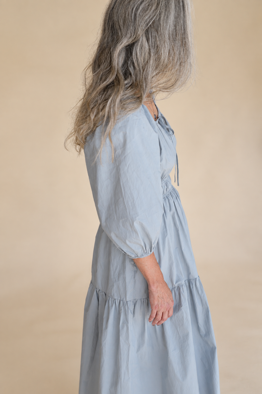 SOLID COTTON MIDI DRESS: DUSTY BLUE  MEDIUM