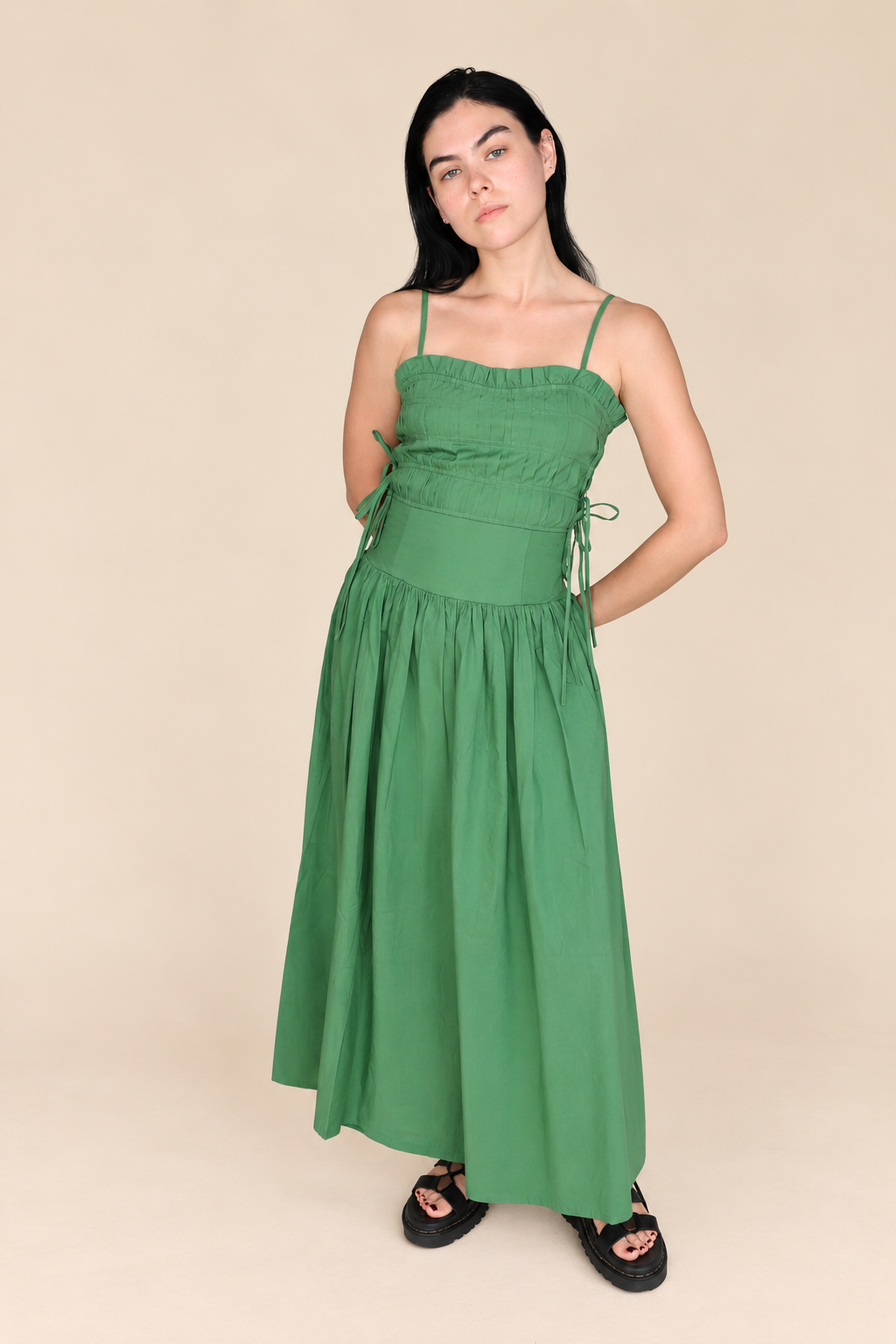 PLEATED MIDI DRESS in MOSS GREEN