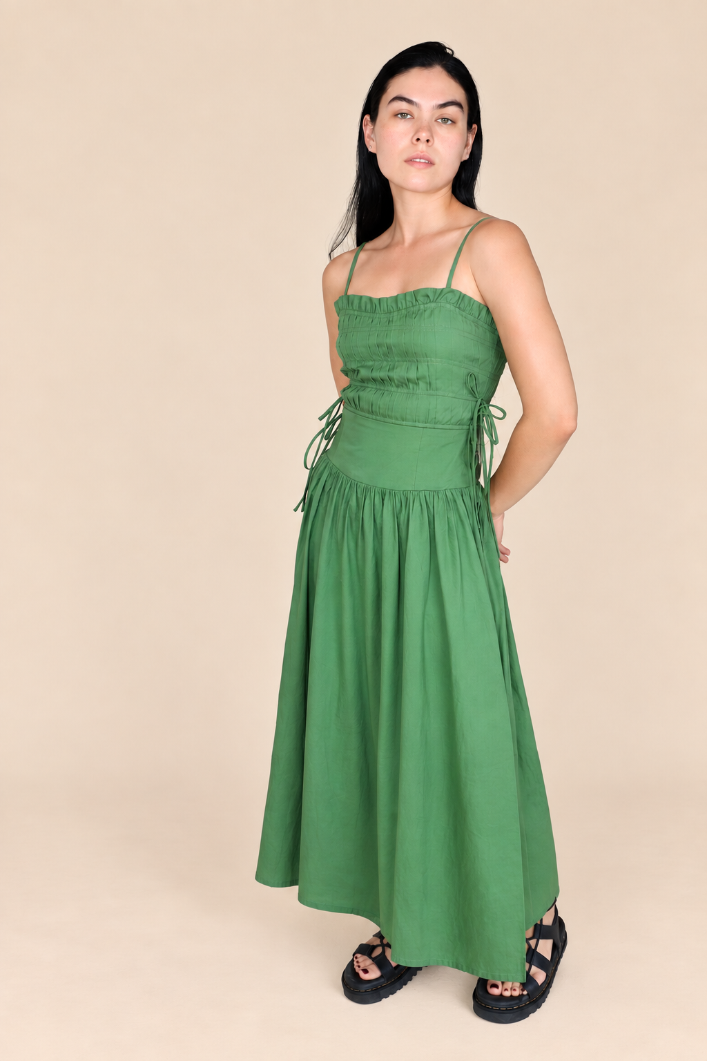 PLEATED MIDI DRESS in MOSS GREEN