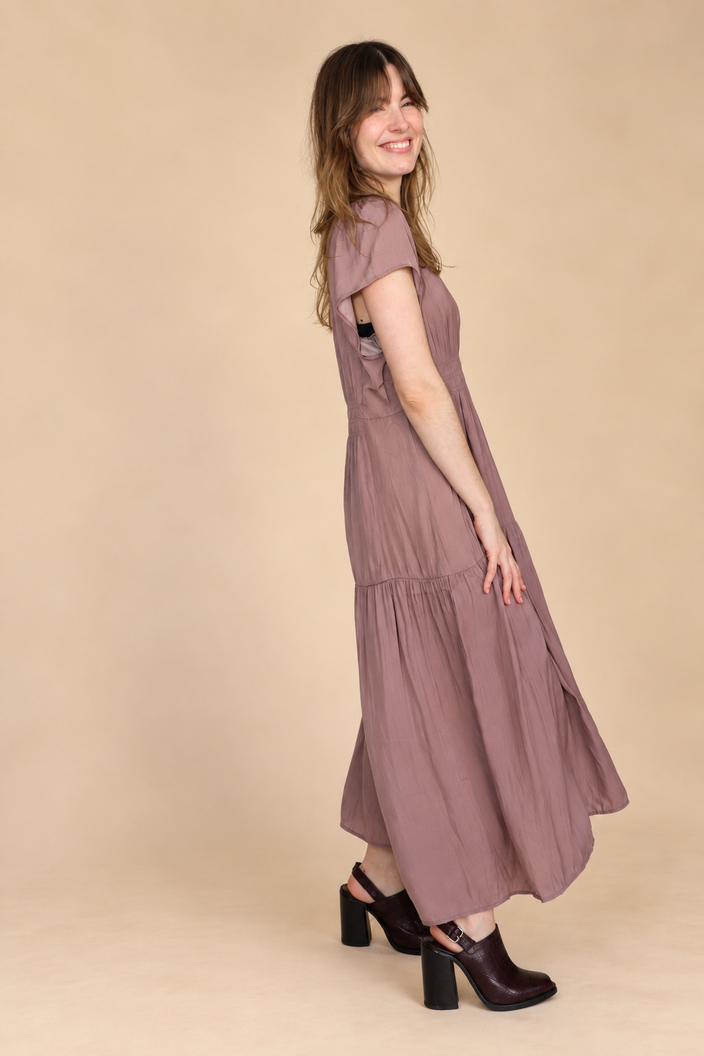 RUFFLE SATIN MIDI DRESS: DUSTY LILAC LARGE