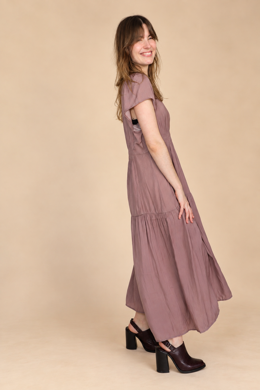 RUFFLE SATIN MIDI DRESS: DUSTY LILAC LARGE