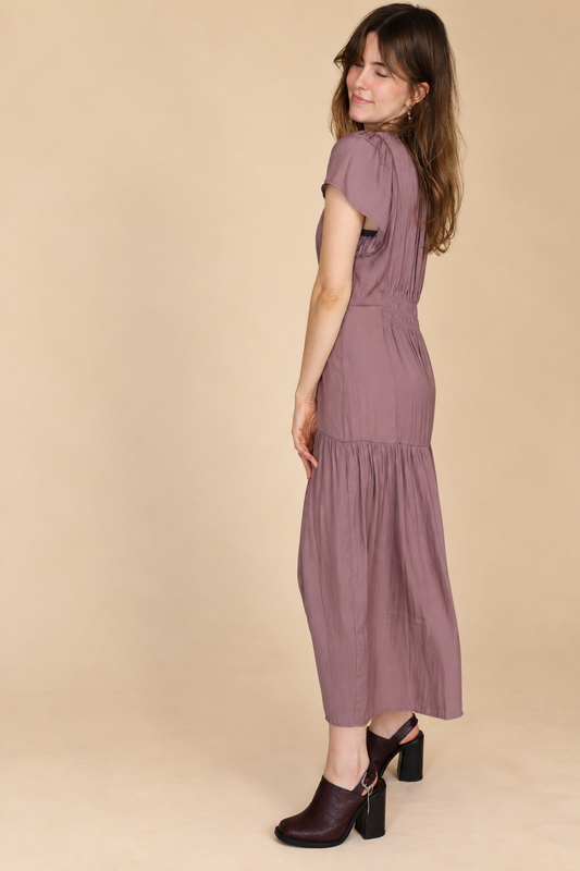 RUFFLE SATIN MIDI DRESS: DUSTY LILAC LARGE