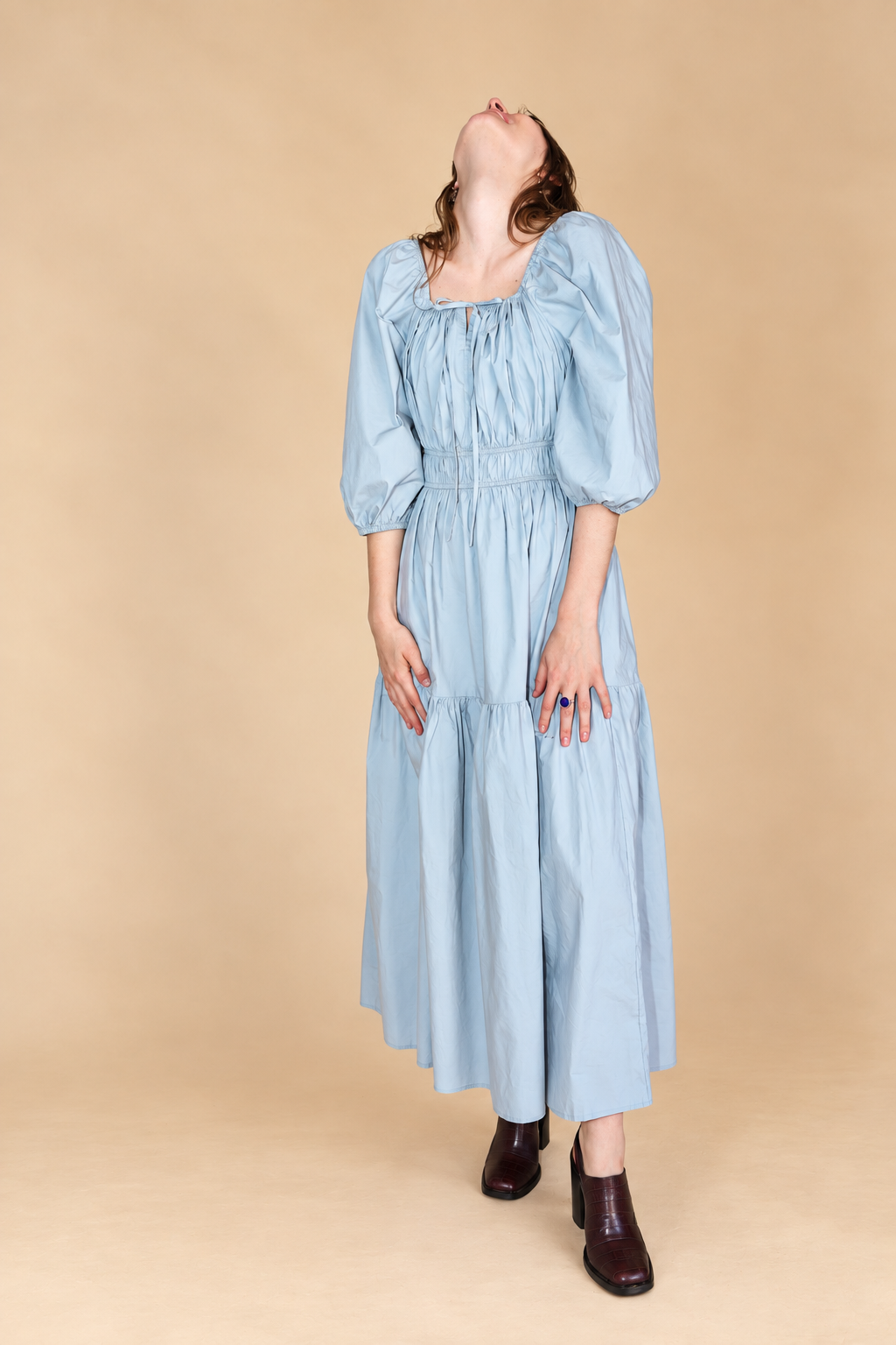 SOLID COTTON MIDI DRESS: DUSTY BLUE  MEDIUM