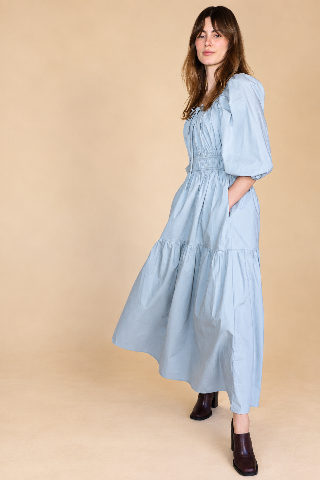 SOLID COTTON MIDI DRESS: DUSTY BLUE  MEDIUM