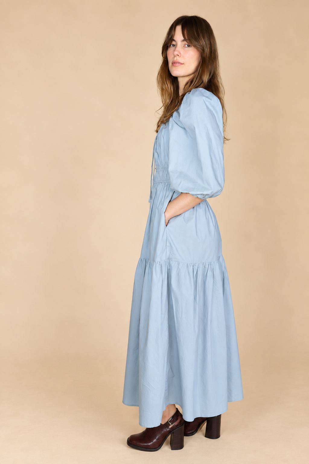 SOLID COTTON MIDI DRESS: DUSTY BLUE  MEDIUM