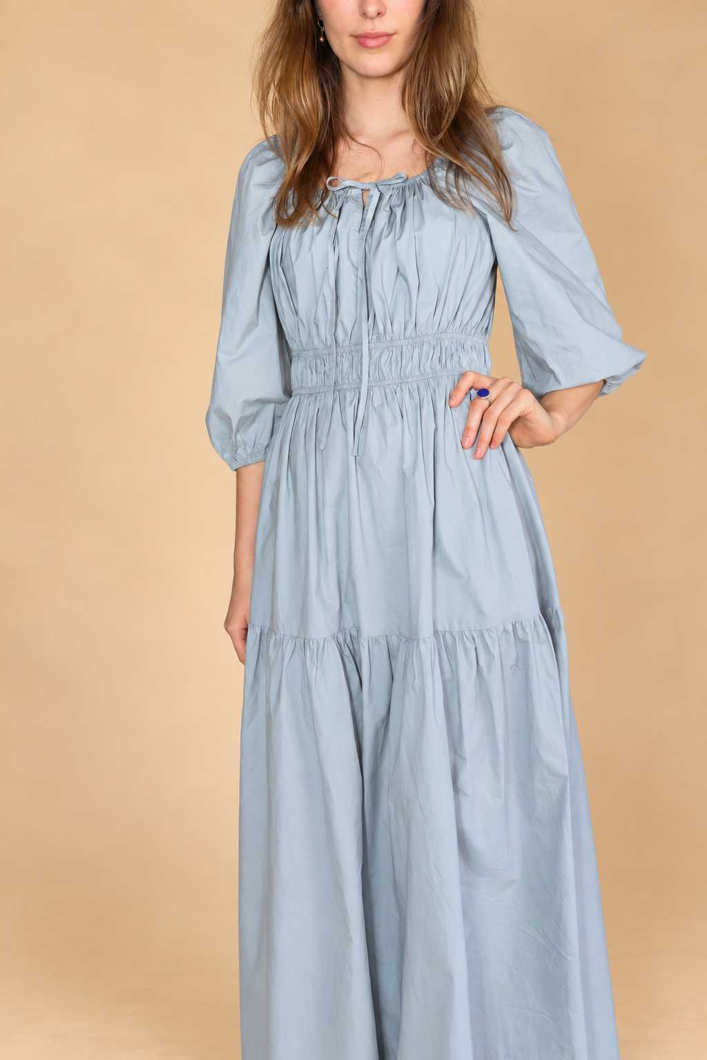 SOLID COTTON MIDI DRESS: DUSTY BLUE  MEDIUM