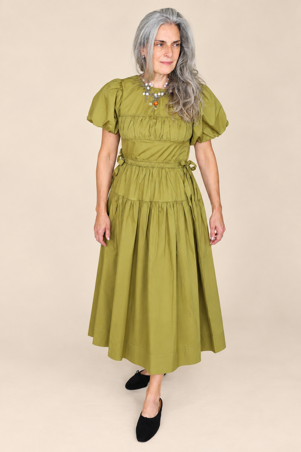 PUFF SLEEVE SIDE TIE MIDI DRESS in CITRON