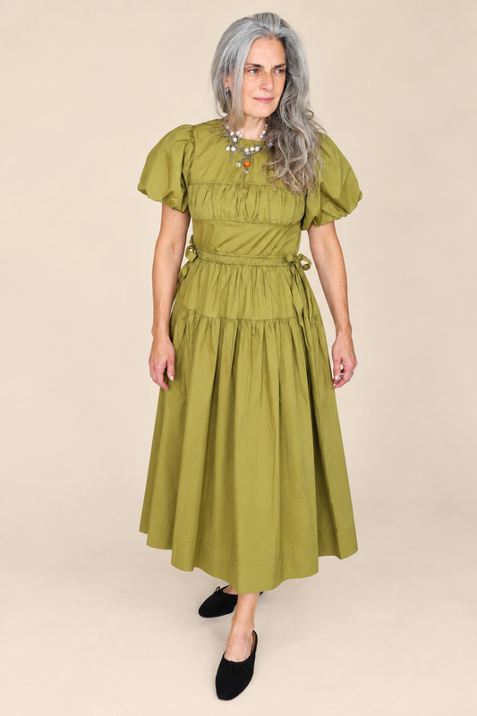 PUFF SLEEVE SIDE TIE MIDI DRESS in CITRON
