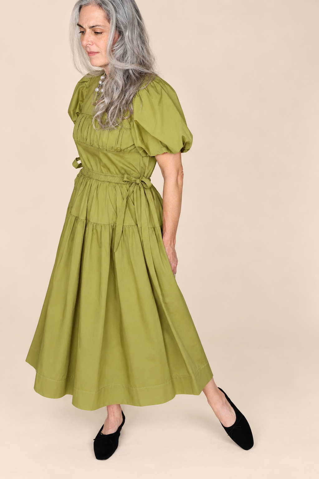 PUFF SLEEVE SIDE TIE MIDI DRESS in CITRON