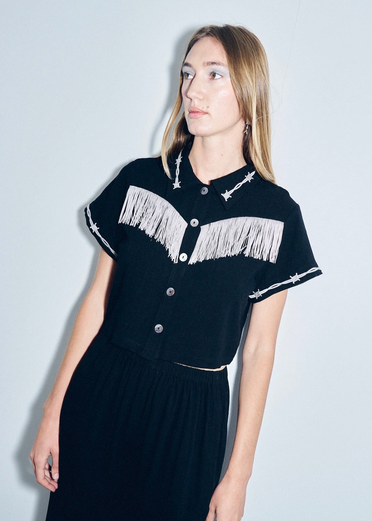 Fashion Brand Company Pammy Soft Linen Fringe Barbed Wire Shirt - Black