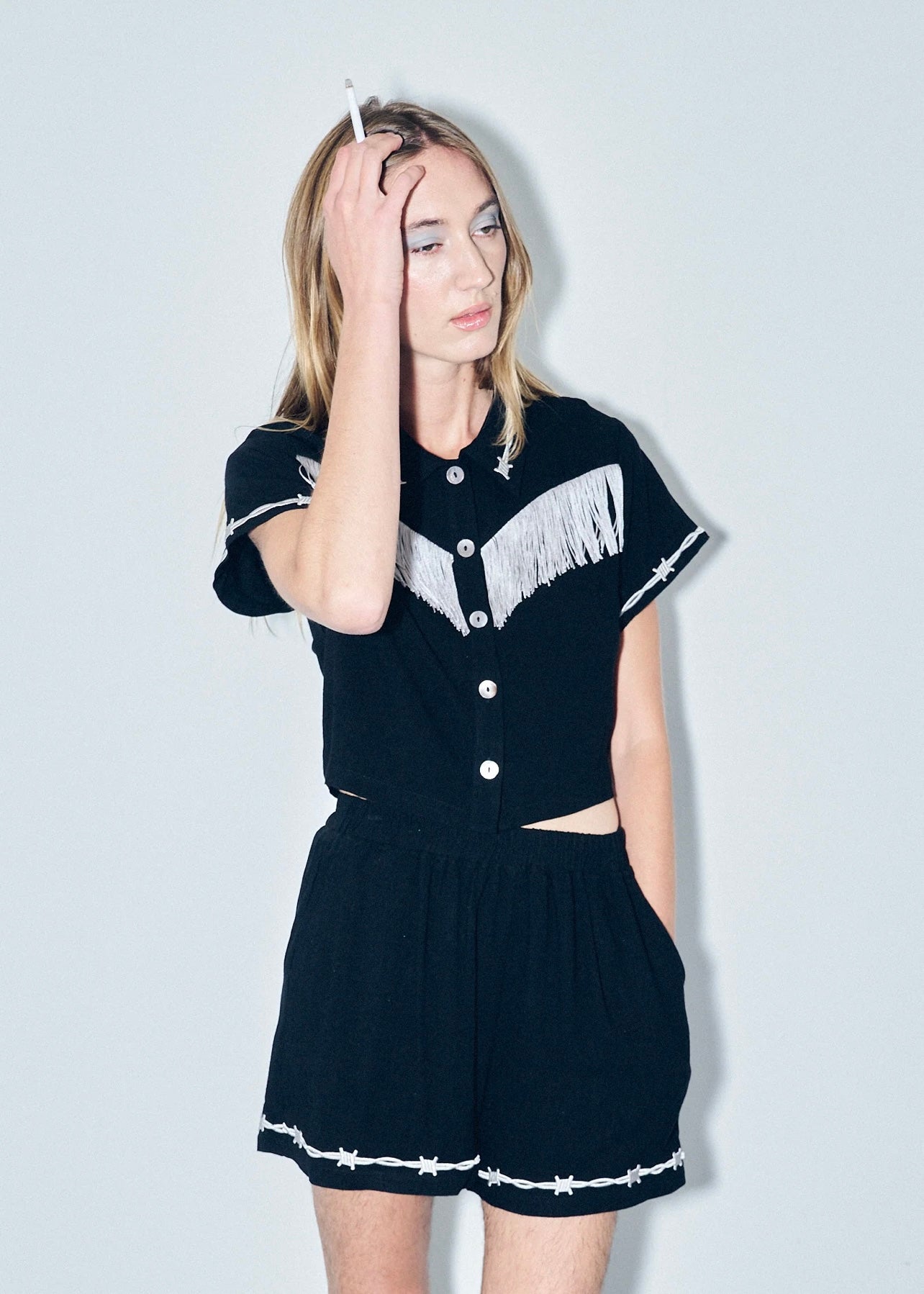 Fashion Brand Company Pammy Soft Linen Fringe Barbed Wire Shirt - Black