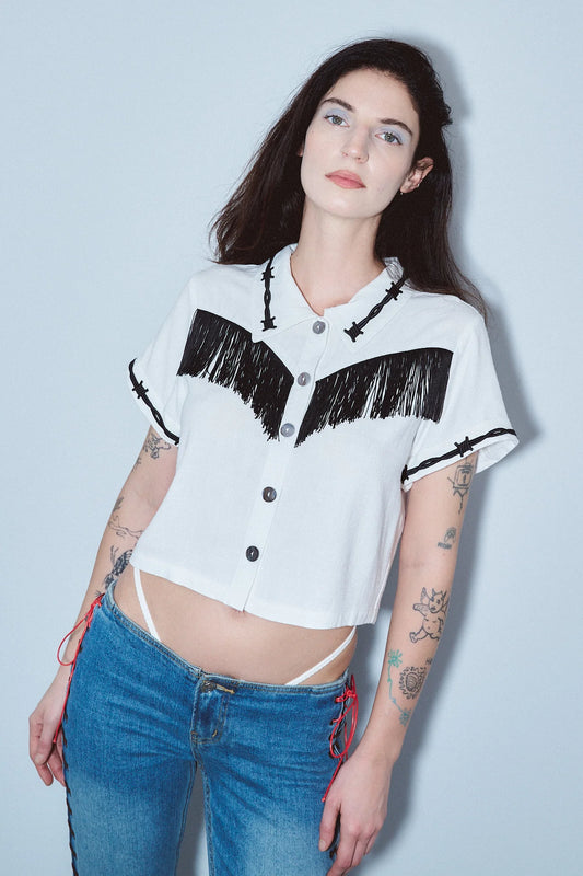 Fashion Brand Company Soft Linen Pammy Fringe Blouse White