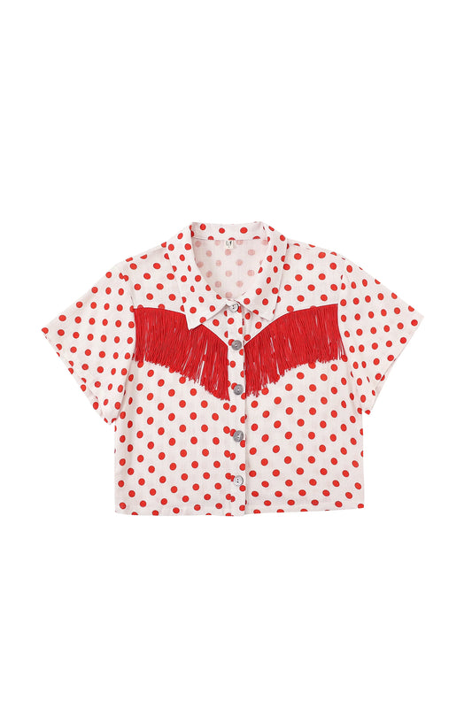 Fashion Brand Company Soft Linen Fringe Blouse Red Polka Dot