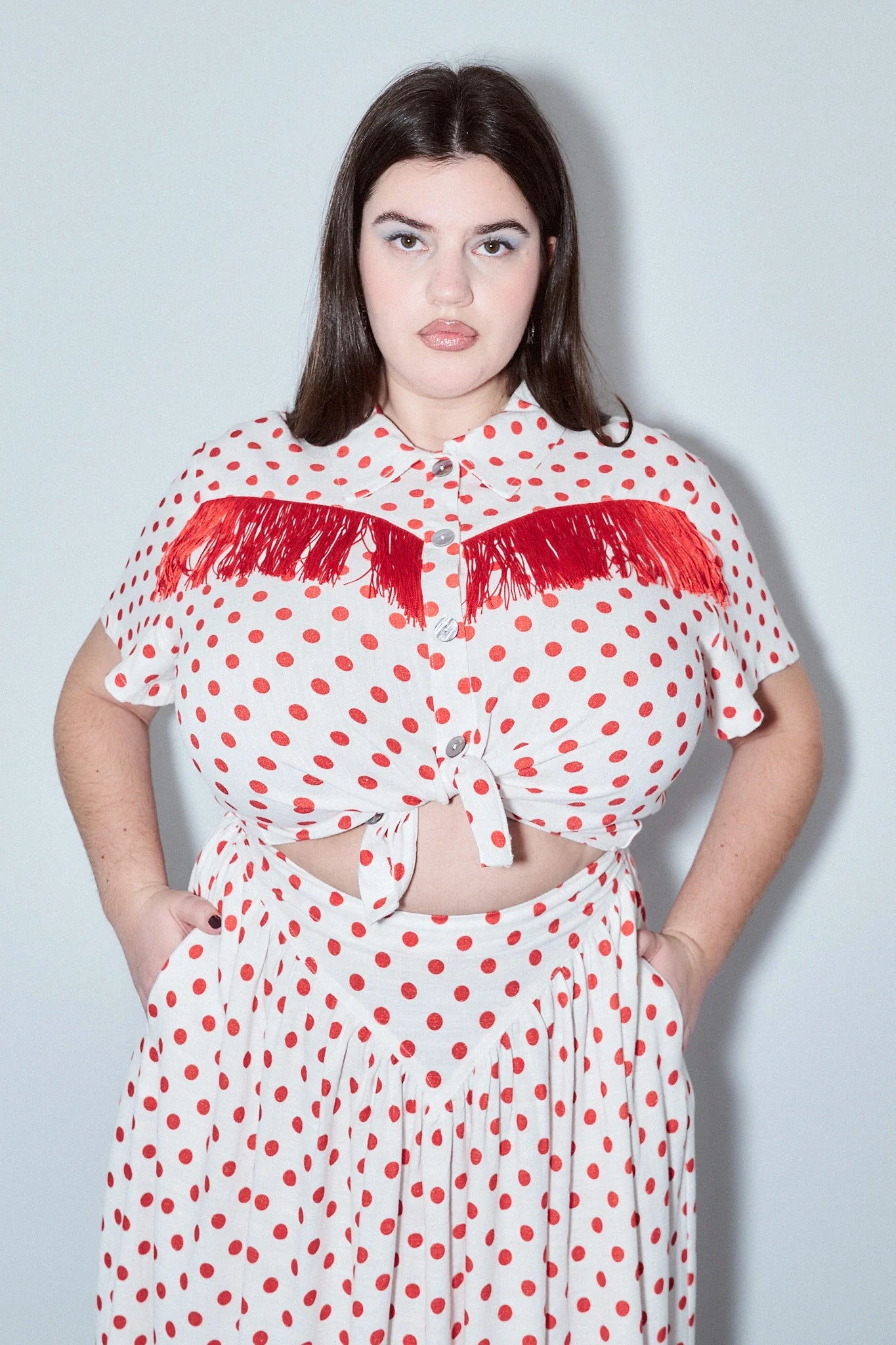 Fashion Brand Company Soft Linen Fringe Blouse Red Polka Dot