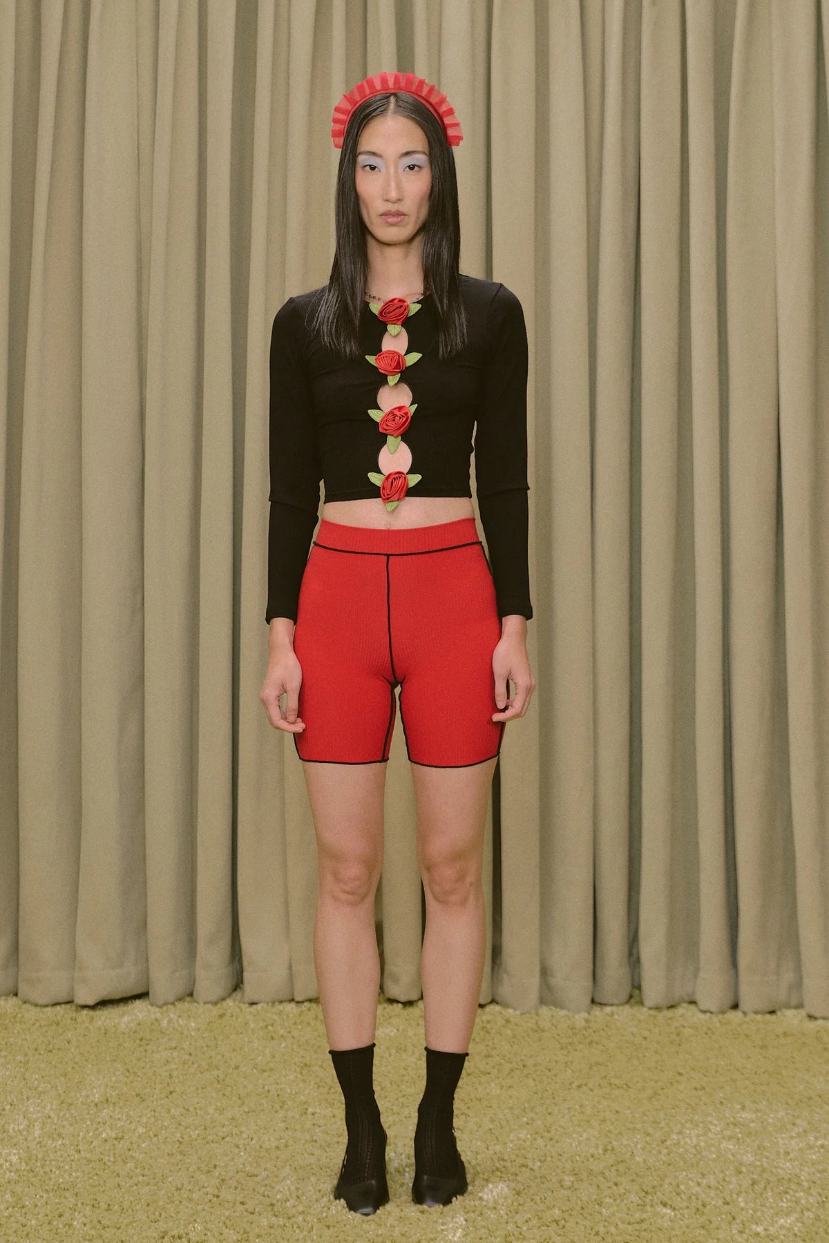 Fashion Brand Company 3 Hole Punch Tencel Rib Long Sleeve Red Roses