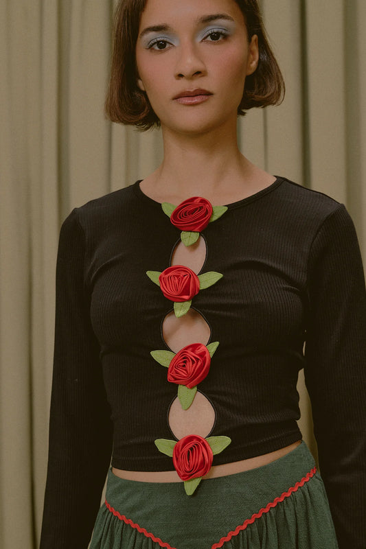 Fashion Brand Company 3 Hole Punch Tencel Rib Long Sleeve Red Roses