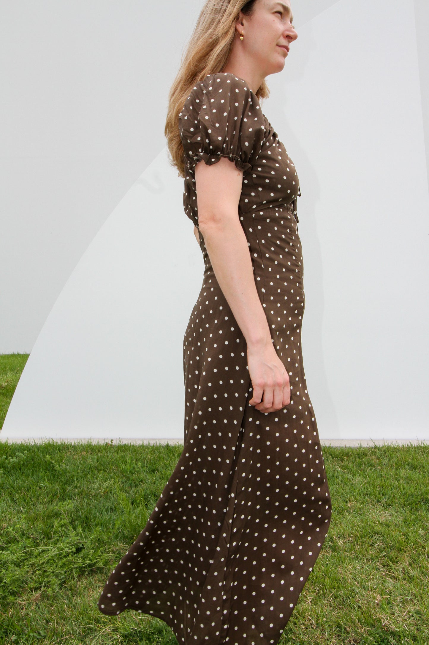 Woven Rayon Polyester Polka Dot Print Long Dress Dark Brown