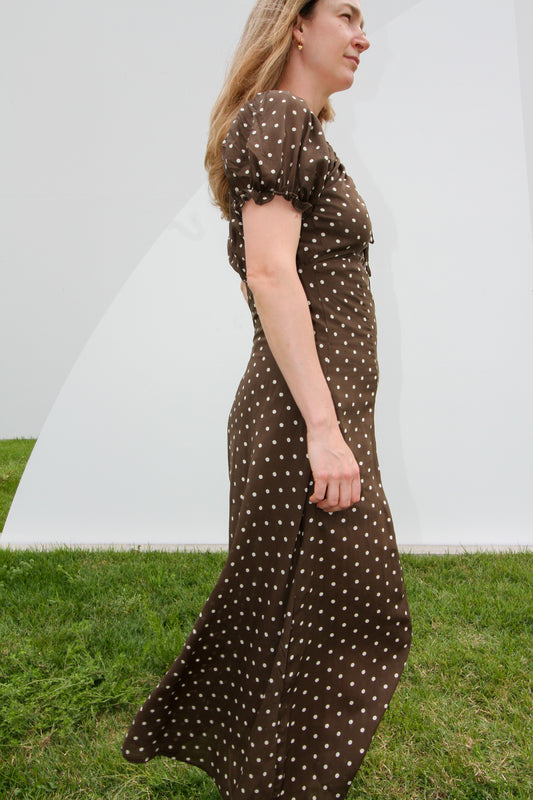 Woven Rayon Polyester Polka Dot Print Long Dress Dark Brown
