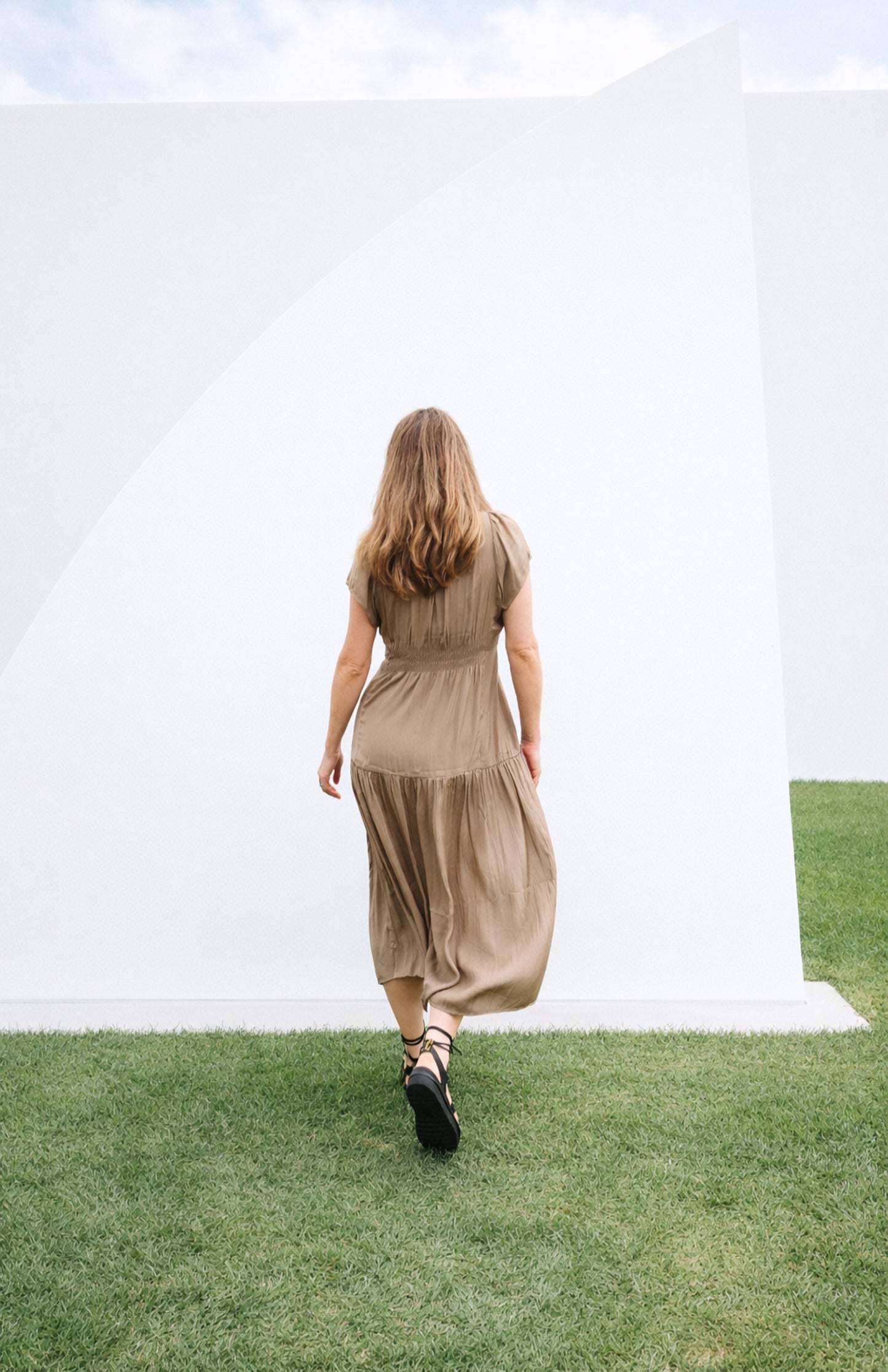 Ruffle Satin Midi Dress in Taupe Silk