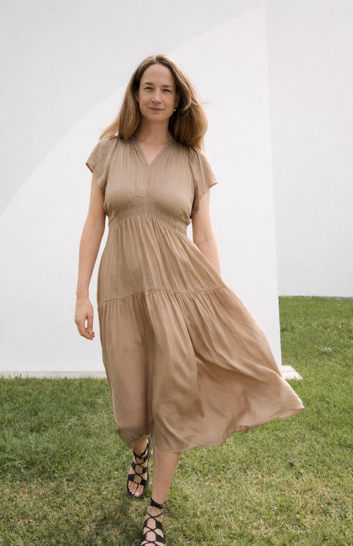 Ruffle Satin Midi Dress in Taupe Silk