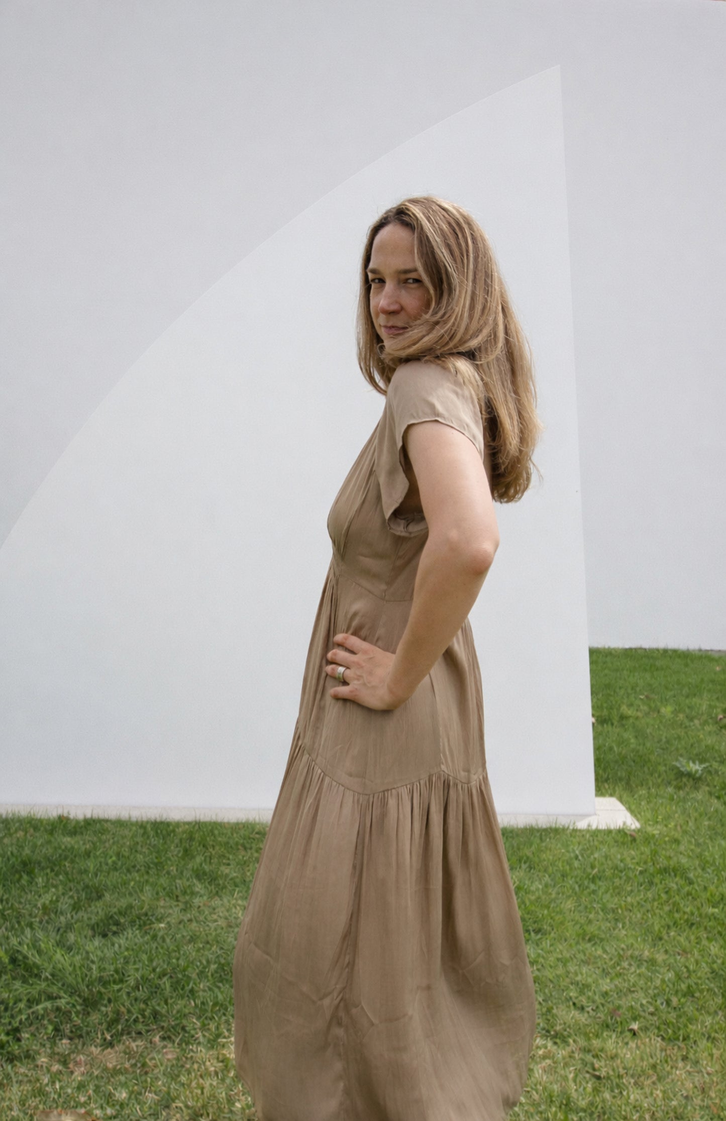 Ruffle Satin Midi Dress in Taupe Silk