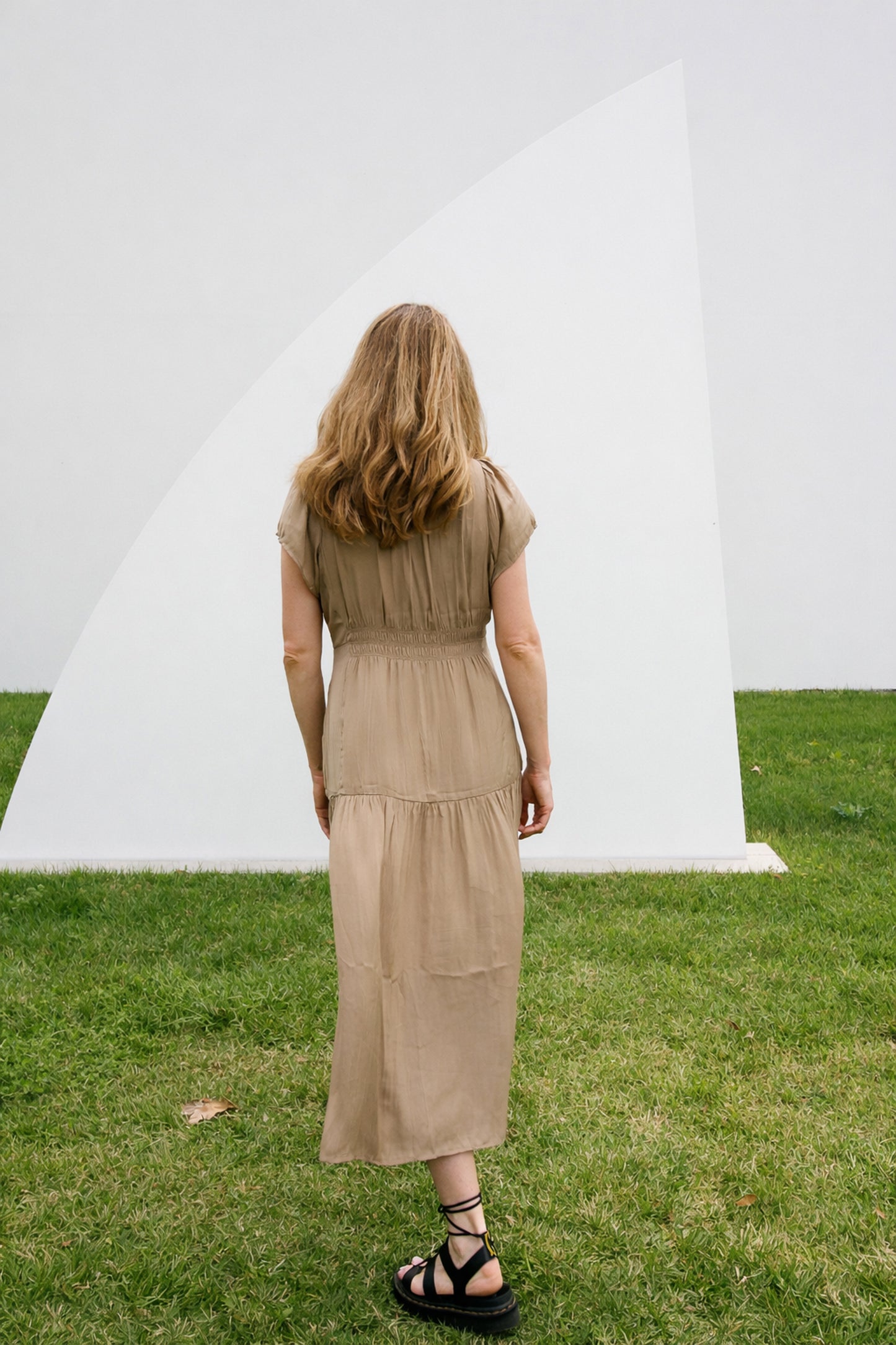 Ruffle Satin Midi Dress in Taupe Silk